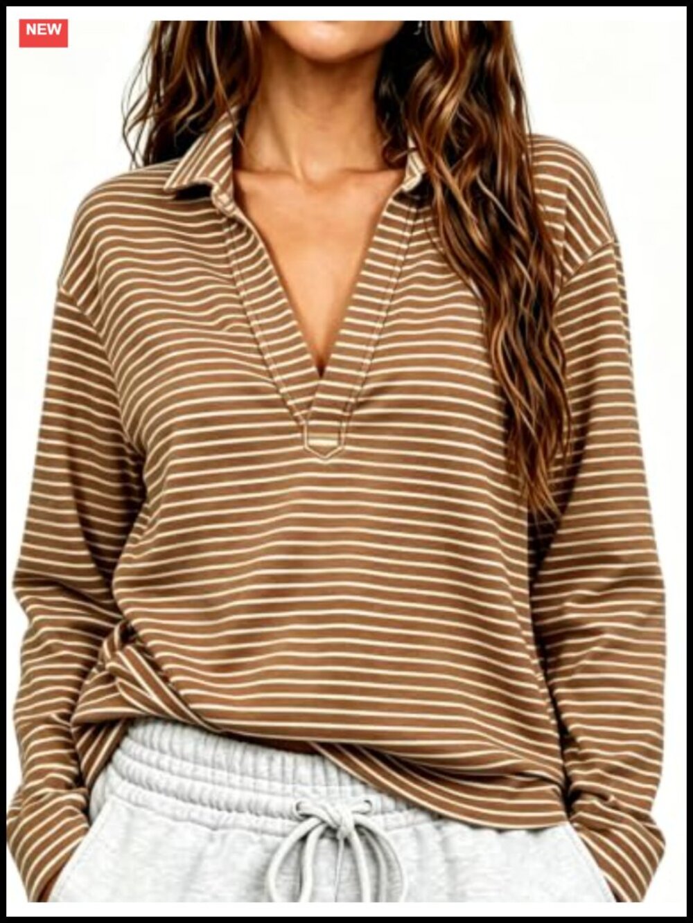 Women's V-Neck Polo Sweatshirt Long Sleeve Casual Cotton Pullover